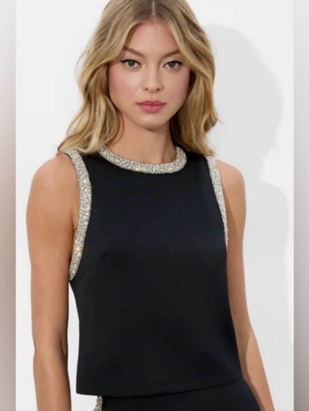 Alice + Olivia Amal Embellished Boxy Tank Top Black Crystal Beaded